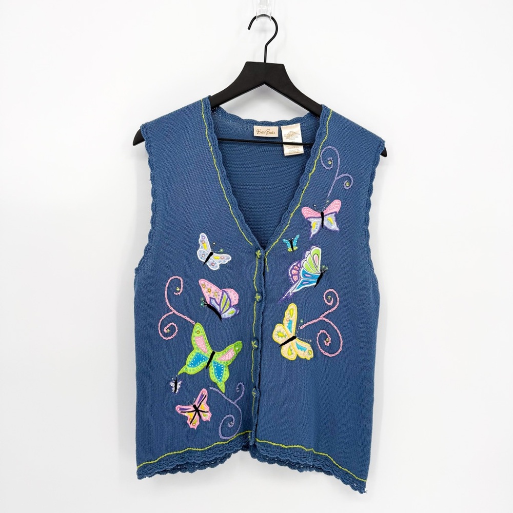 Bobbie Brooks Fairycore Embellished Embroidery Butterfly Knit Vest Blue Large